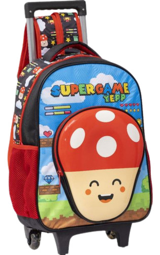 Mochila Rodinha Lancheira Estojo Cogumelo Super Game Cor Vermelho