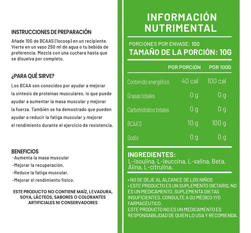 Aminoácidos Bcaas Green Varios Sabores 1kg 100 Servs Limón