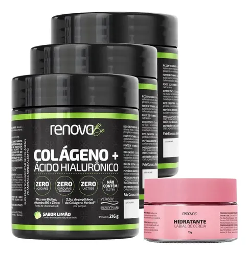 Kit 3x Colágeno + Ácido Hialurônico Sabor Limão Renova Be Colágeno Hidrolisado Vitaminas E, C, B6 Biotina Zinco Proteína