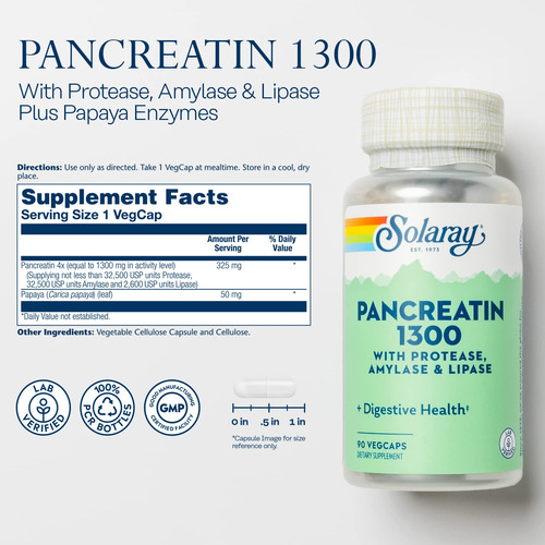 Suplemento Solaray Pancreatin 1300 Com Mamão 90 Cápsulas