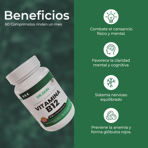 Vitamina B12 Dr Skin 60 Unidades Subí Tu Energía, Mejorá Tu Concentración Y Combatí El Cansancio Diario! Cianocobalamina Sistema Nervioso Suplemento Vegano Antifatiga
