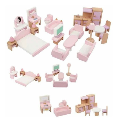 Set De Muebles De Madera Para Casa Muñecas 22 Piezas Juego Color Rosa