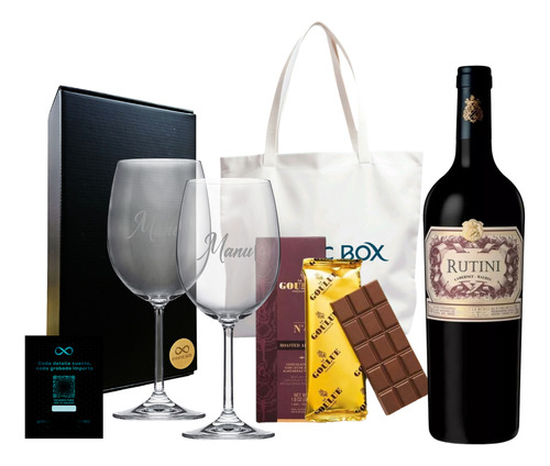 Box Regalo Empresarial Vino Rutini + 2 Copas Vidrio + Choco