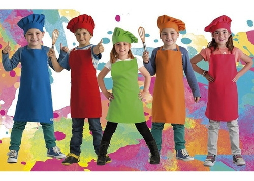 Imagen 1 de 10 de Combo Delantal + Gorro Para Niños Mini Chef Colores