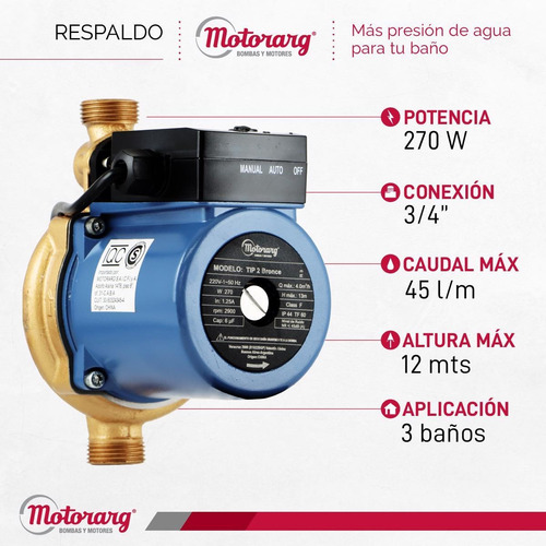 Imagen 2 de 12 de Bomba Presurizadora Motorarg Tip 2 Bronce 3 Baños 270 Watts