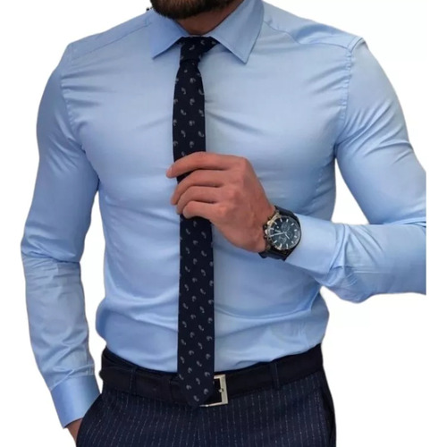 Camisa De Vestir Lisa Slimfit Manga Larga Topquality