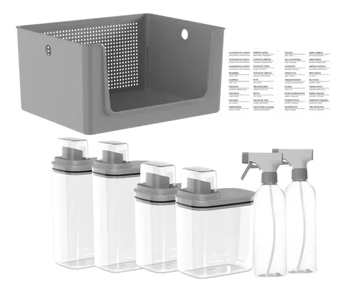 KIT LAVANDERIA 7 PEÇAS CESTO DISPENSER BORRIFADOR ETIQUETAS CHUMBO