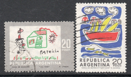 Argentina 2 Sellos Dibujos Infantiles: Casita, Mar Año 1968 