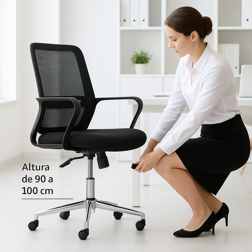 Silla De Oficina Bari Ejecutiva Ergonómica Con Respaldo De Malla Transpirable, Altura Ajustable, Base Cromada De 5 Ruedas, Soporte Lumbar Fijo, Color Negro, Soporta Hasta 90 Kg