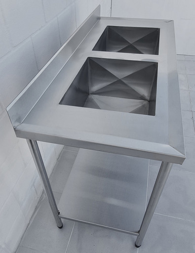 Pia Mesa Aço Inox Industrial 120x60x90 2 Cubas Paneleiro