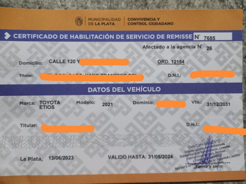 Habilitación De Remis .ciudad De La Plata 