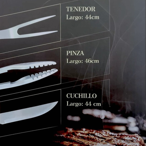 Imagen 8 de 10 de Set Herramientas Asado Humos X3 Pz Pinza Cuchillo Tenedor