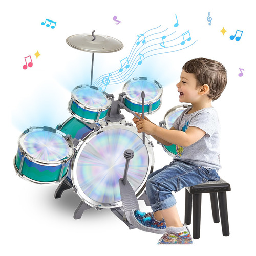 Batería Musical de Juguete Rovtop Toddler Drum Set Azul, Batería Niños Banco Baquetas Platillo Bombo Musicales Toygagade, 5 Tambor