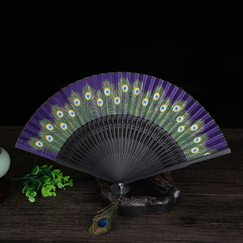 Abanicos De Mano Con Estampado De Pavo Real, Vintage,