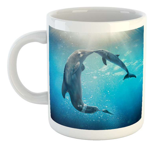 Taza Ceramica Delfines Madre Hijo En El Agua Abrazo