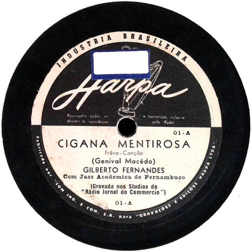 78 Rpm Gilberto Fernandes, Jazz Band Acadêmica 1953 Harpa 01
