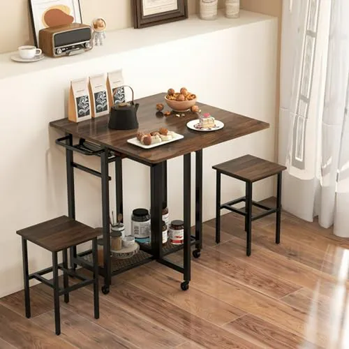 Mesa De Comedor Plegable Con 2 Taburetes Y Espacio Para Vino