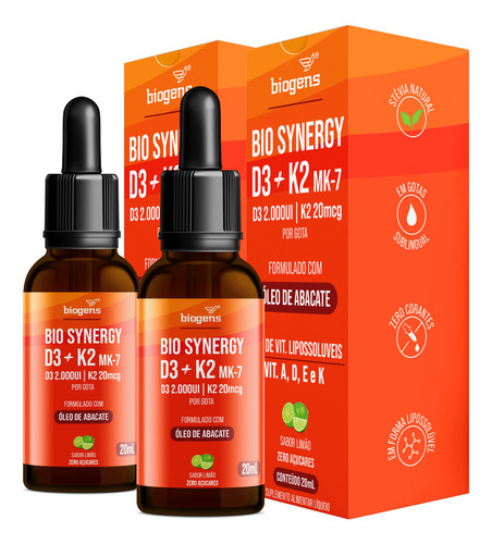 Kit x2 Bio Synergy D3 2000ui K2 Mk7 Biogens 20mL cada