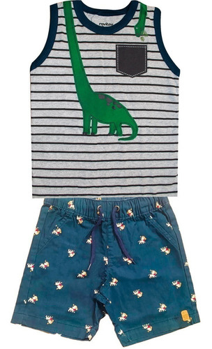 Conjunto Infantil Dinossauro Menino Short + Camiseta 4 Ao 10