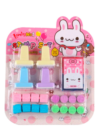 Set Sellos Goma Entintado Animales Kawaii Infantil Niños 