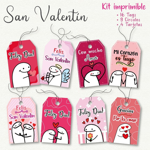 Kit Imprimible 16 Tags Flork San Valentín + 4 Tarjetas
