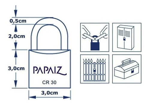 Kit 3 Cadeado Papaiz Cr30 Cor Dourado 30mm Latão Maciço