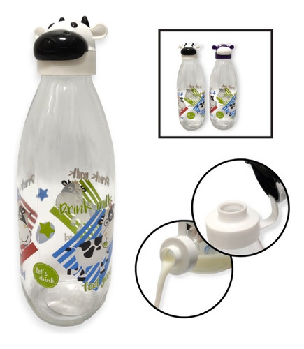 Botella Vidrio Diseño Vaca Tapa Plastico 1l Bazar