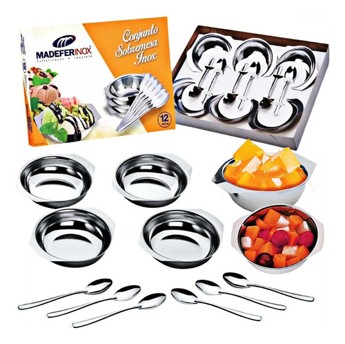 Conjunto Jogo Tigelas Com Colheres Inox Para Sobremesa Kit