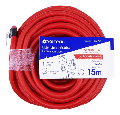 Extensión Reforzada Aterrizada 15 M 3x12 Awg / Volteck Color Rojo