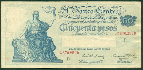 Argentina Billete Progreso 50 Pesos (1937) C# 435b Exc-