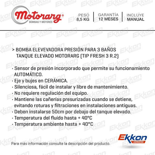 Imagen 2 de 6 de Bomba Presurizadora Motorarg Tip Fresh 3 Elevadora + Presion