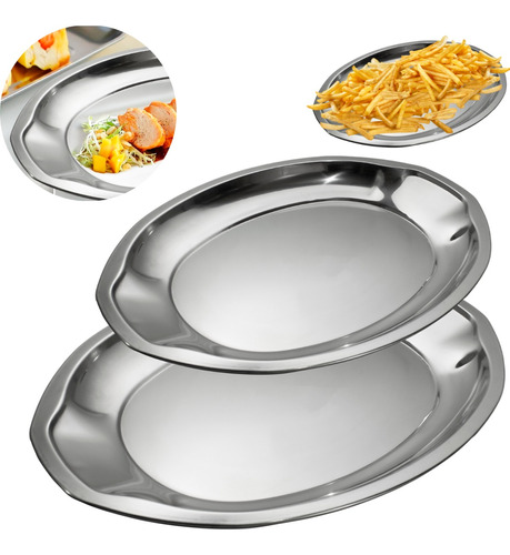 2 Travessas Baixela Oval Decorada Aço Inox 35 Cm E 45 Cm