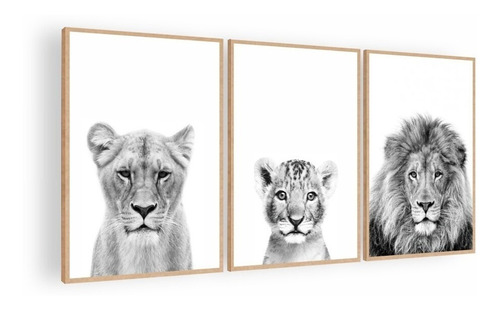 Cuadro Decorativo Mural Triptico Leones 90x42 Mdf