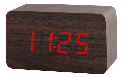 Relógio Digital Led Madeira Despertador Mesa Sofisticado Cor Marron-Escuro