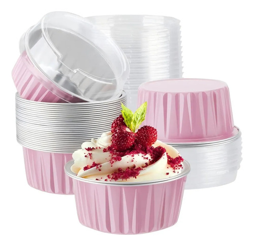 Banna 100 Moldes Redondos De Aluminio Para Cupcakes Con Tapa, 5 Oz/150ml Moldes Para Tartas, Molde Redondos De Aluminio Para Tartas, Para Picnics, Barbacoas, Camping, Bodas, Fiestas,Rosa