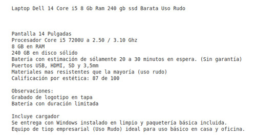 Laptop Dell 14 Core I5 8 Gb Ram 240 Gb Ssd Barata Uso Rudo (Usado)