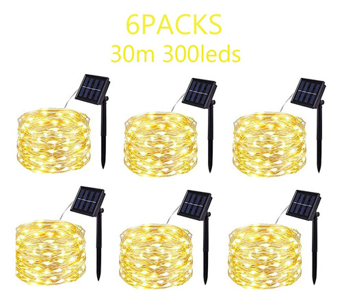 Paquete De 6 Luces Solares 300leds Luces De Alambre De Cobre