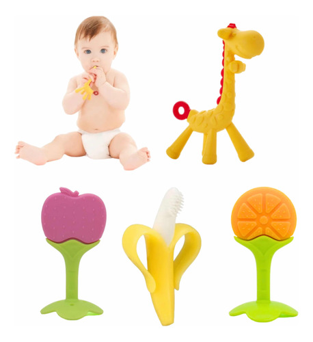 Mordedores Para Bebe De Silicona Set 4 Piezas Jirafa Banana