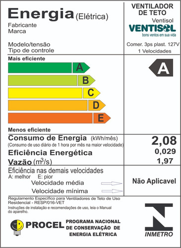 Ventilador de teto Ventisol Comercial preto com 3 pás de plástico, 96 cm de diâmetro 127 V