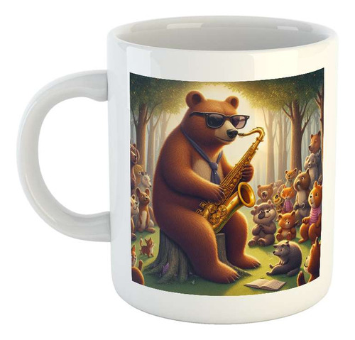 Taza Ceramica Oso Tocando El Saxofón Jazz Bosque M4