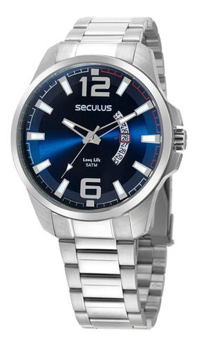 Relógio De Pulso Masculino Aço 46mm Prata Seculus Cor da correia Prateado Cor do bisel Prateado Cor do fundo Azul