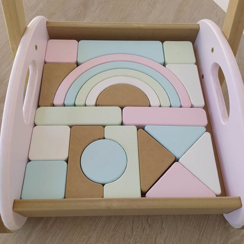 Carrito Caminador Arrastre De Madera Con 30 Bloques Rosa Rosa