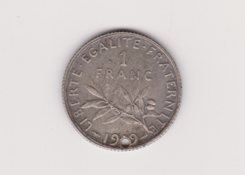 Moneda Francia 1 Franco Año 1919 Plata Muy Buena + Perforada (Usado)