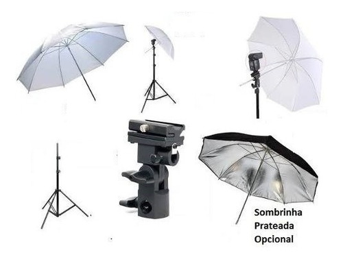 Imagem 2 de 6 de Kit Conjunto Cabeça C/ Sapata Hotshoe + Tripé + Sombrinha