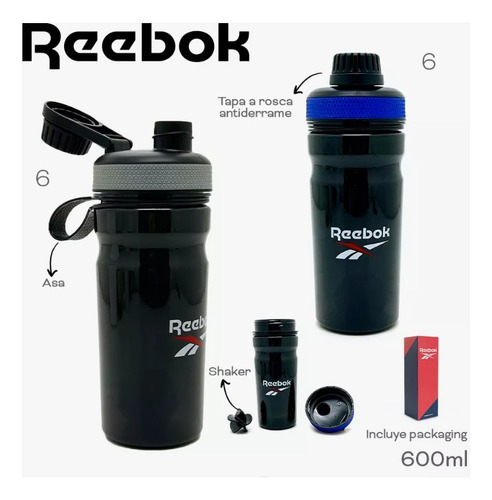 Botella Agua Reebok 60022 Deportiva Shaker Tapa Rosca Negro Con Azul