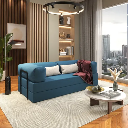 Sofá Cama Casal Cor Azul Boucle Inteiro De Espuma Na Caixa