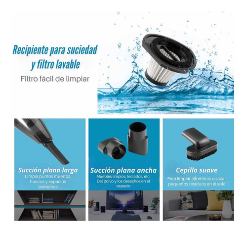 Imagen 10 de 10 de Aspiradora Inalámbrica Alta Potencia Recargable Accesorios