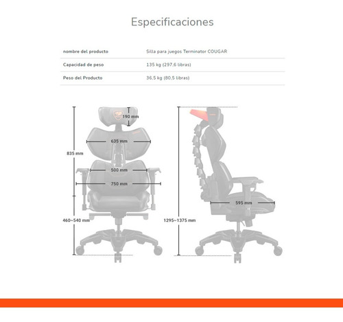 Imagen 7 de 10 de Silla De Escritorio Gamer Cougar Terminator Ergonómica Negra