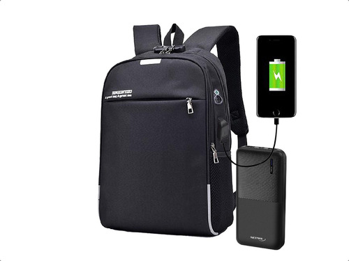 Combo Mochila Antirrobo Usb Candado + Power Bank Cargador