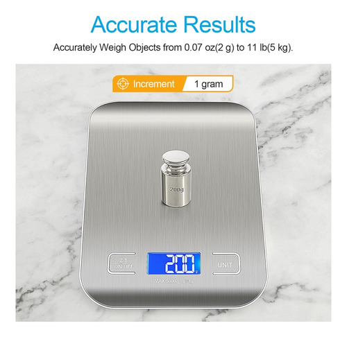 Bascula Digital Cocina Inoxidable 5 Kg/1g Lcd Multifuncional Plateado 5 Kg